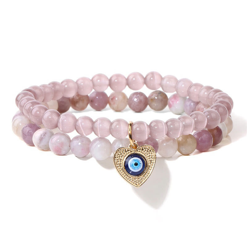 Olivenorma Cat's Eye Stone Evil Eye Pendant Double Layer Bracelet