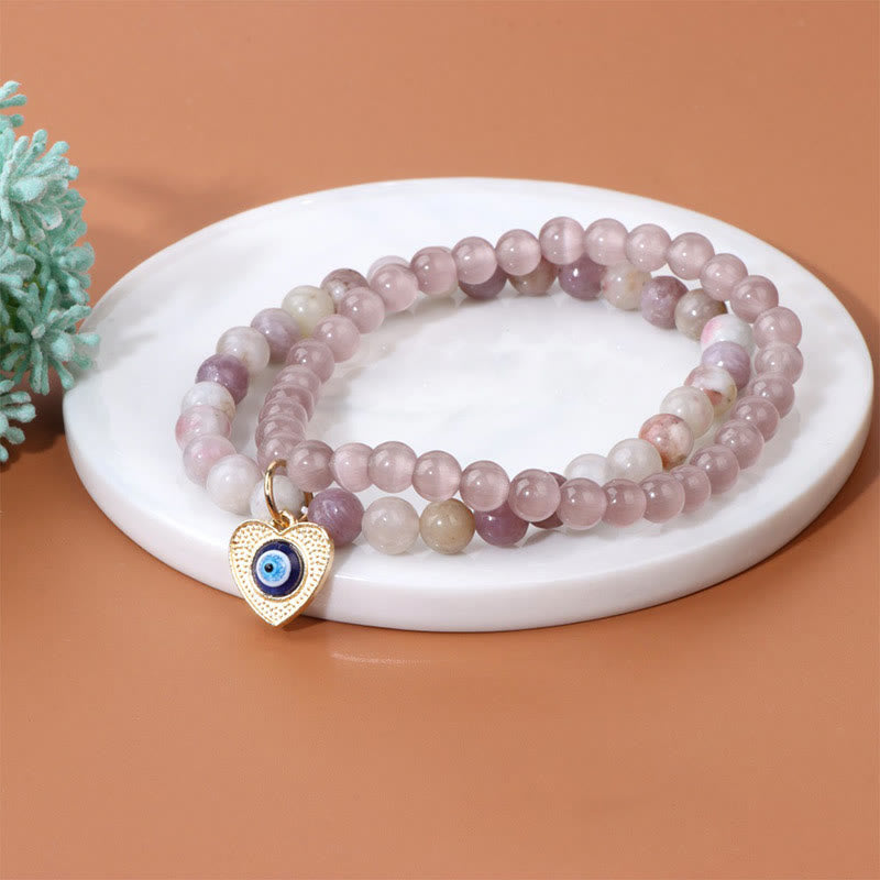 Olivenorma Cat's Eye Stone Evil Eye Pendant Double Layer Bracelet