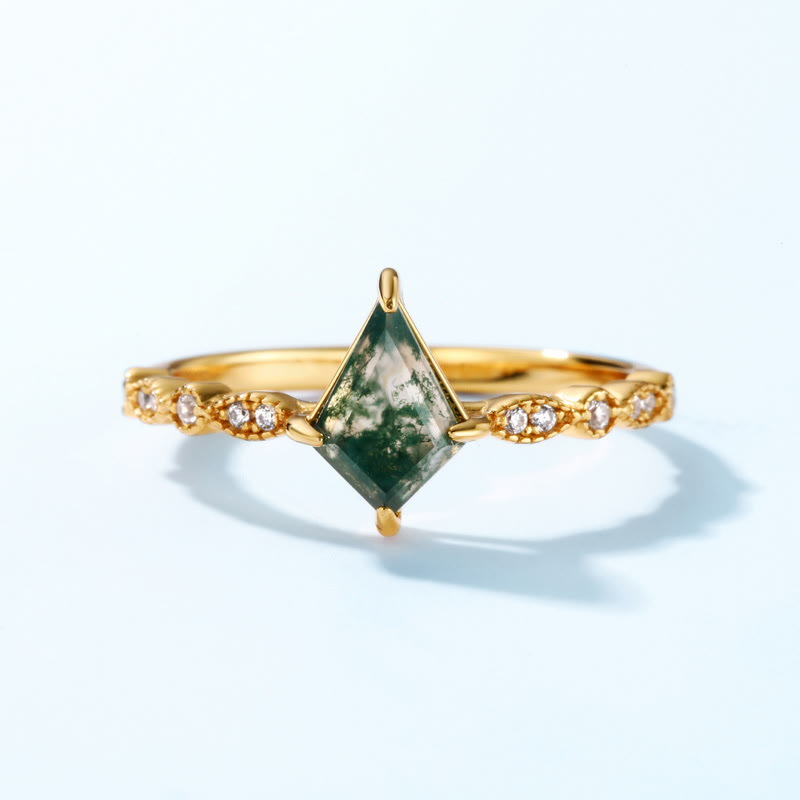 Olivenorma Diamond Moss Agate White Zircon Four Prong Ring