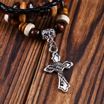 Olivenorma Cross Star Pendant Leather Braided Men Bracelet