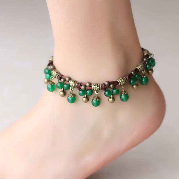 Olivenorma Red Agate Green Jade Woven Bead Anklet Bracelet