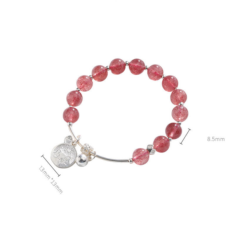 Olivenorma Strawberry Quartz Beaded Cat Bell Pendant Bracelet