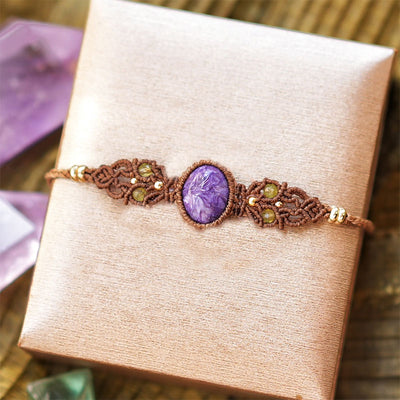 Olivenorma Natural Charoite Lepidolite Aquamarine Handwoven Bracelet