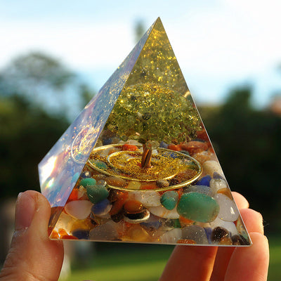 Olivenorma Fluorite With Peridot Tree Of Life Orgone Pyramid