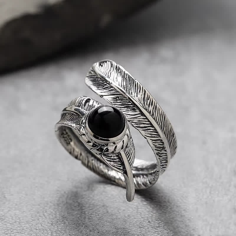 Olivenorma Hip-Hop Black Onyx Adjustable Feather Ring