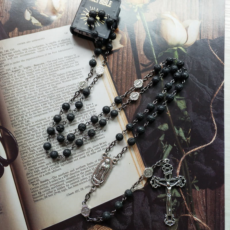 Olivenorma Lava Stone Catholic Cross Pendant Rosary Necklace