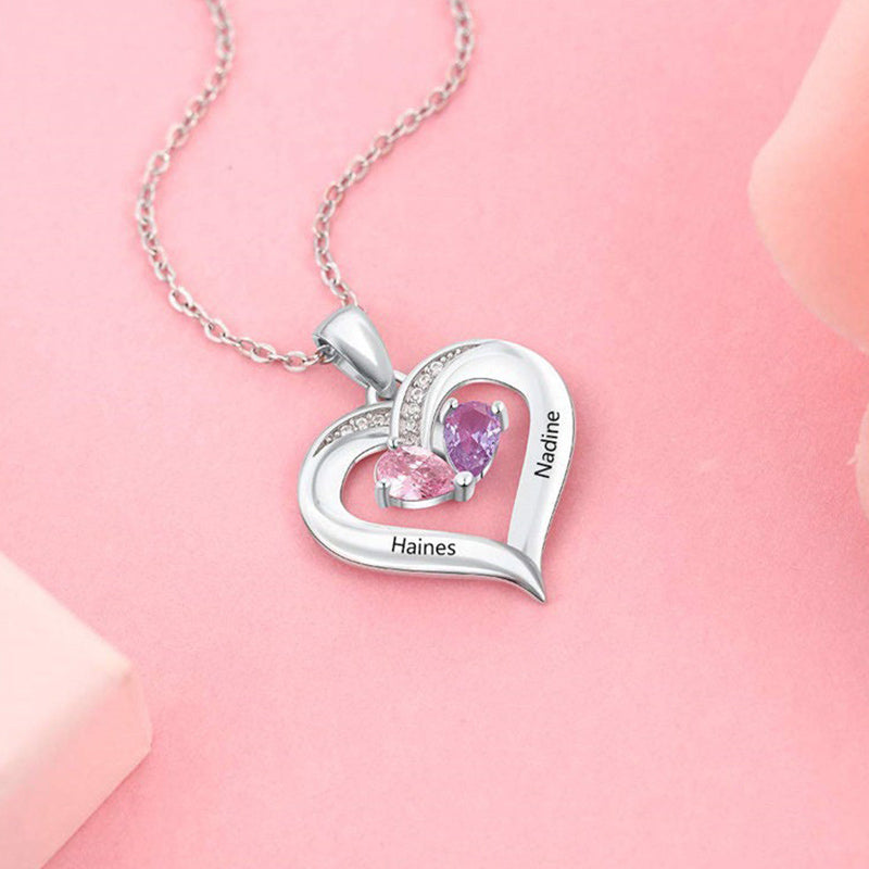 Olivenorma Personalized and Engraved Heart Love Birthstones Necklace