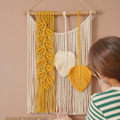 Olivenorma Handwoven Yellow Green Leaves Tassel Wall Decor