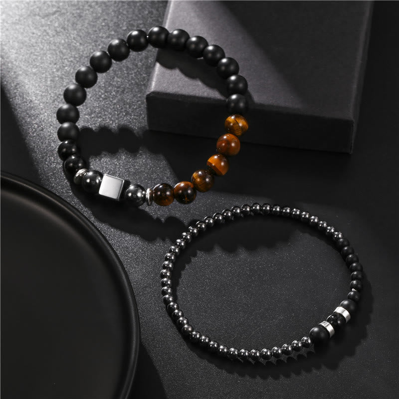 Olivenorma Frosted Tiger Eye Black Cube Stretch Bracelet Set