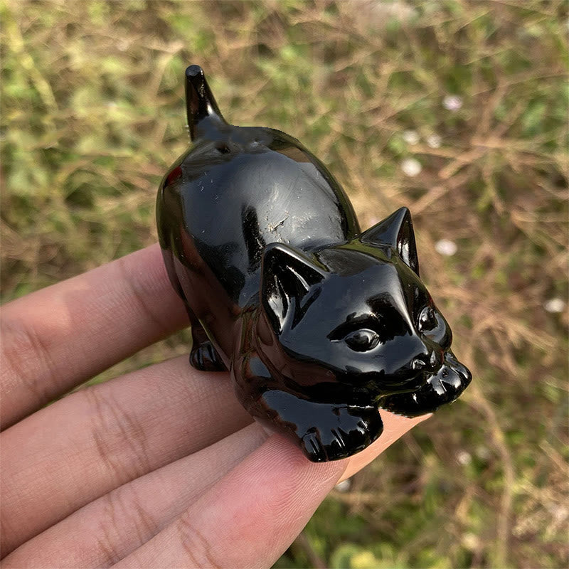 Olivenorma Natural Crystal Obsidian Cat Carving Gemstone Decoration