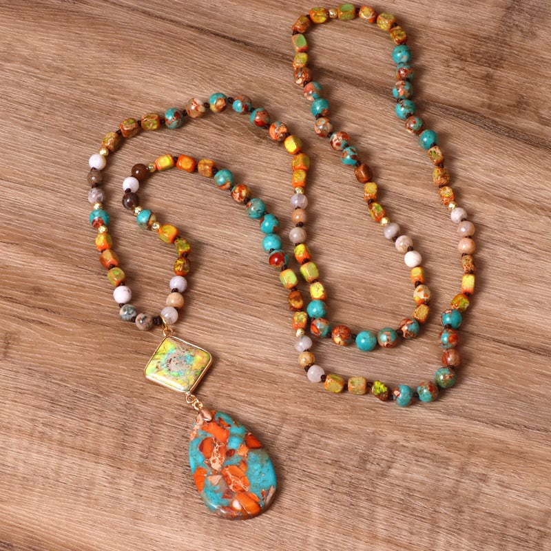 Olivenorma Natural Drop Shape Oyster Turquoise Mala Necklace