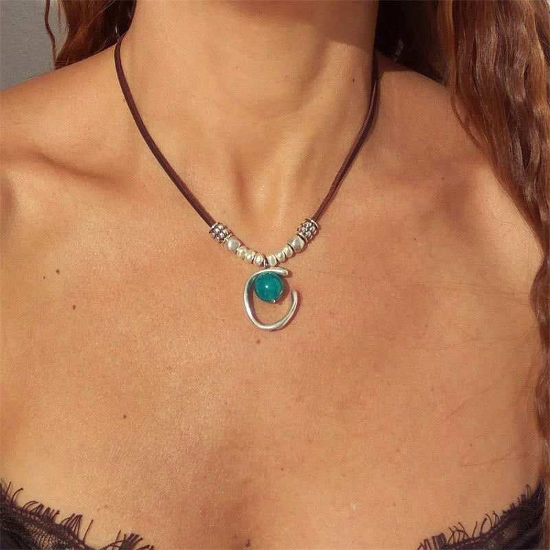 Olivenorma Aquamarine Half Ring Pendant Leather Rope Necklace