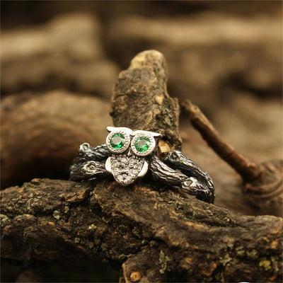 Olivenorma Emerald Owl On The Branch Silver Engagement Ring