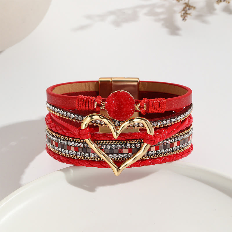 Olivenorma Multicolor Crystal Cluster Metallic Heart Braided Leather Bracelet