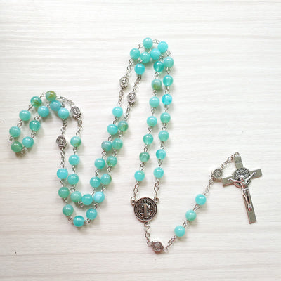 Olivenorma Amazonite Medal Silver Cross Rosary Pendant Necklace