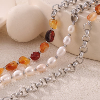 Olivenorma Carnelian Freshwater Pearl Titanium Steel Necklace