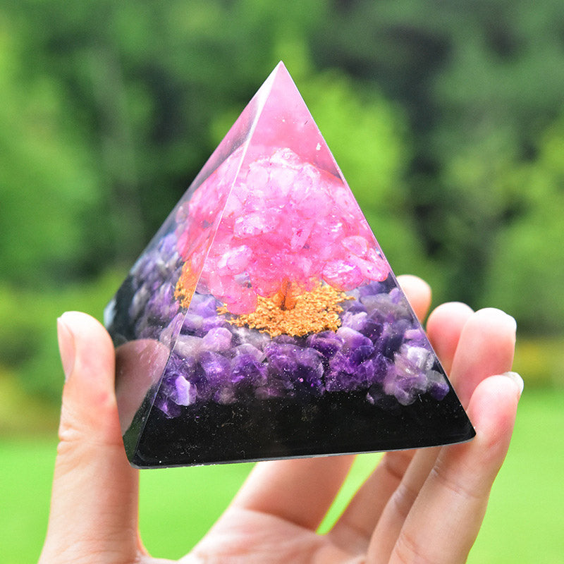 Olivenorma Tree of Life Amethyst Obsidian with Pink Crystal Orgone Pyramid