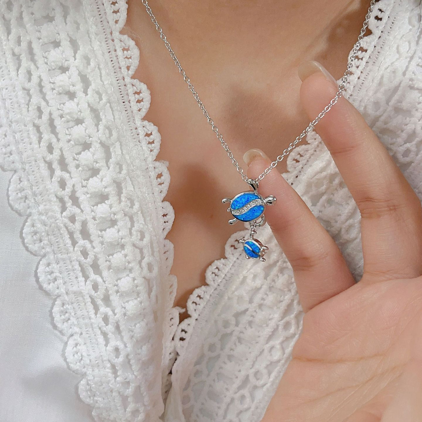 Olivenorma Blue Opal Double Turtle Pendant Necklace