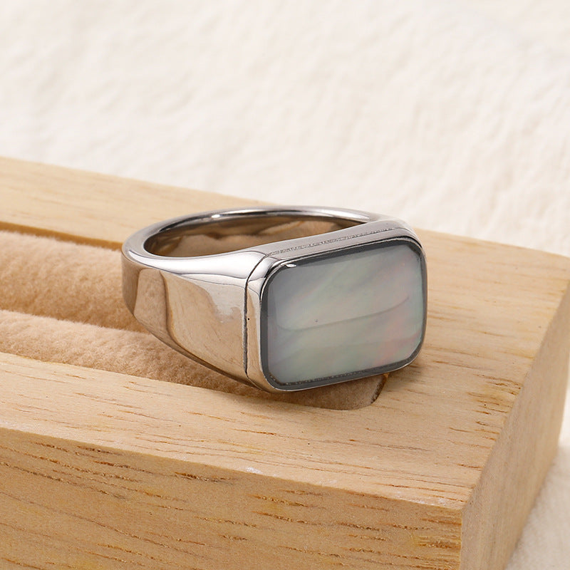 Olivenorma Rectangular Nacre Abalone Shell Titanium Steel Ring