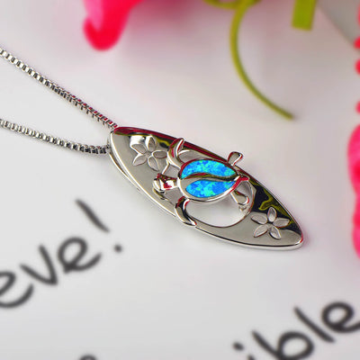 Olivenorma Blue Opal Surfboard Turtle Pendant Necklace