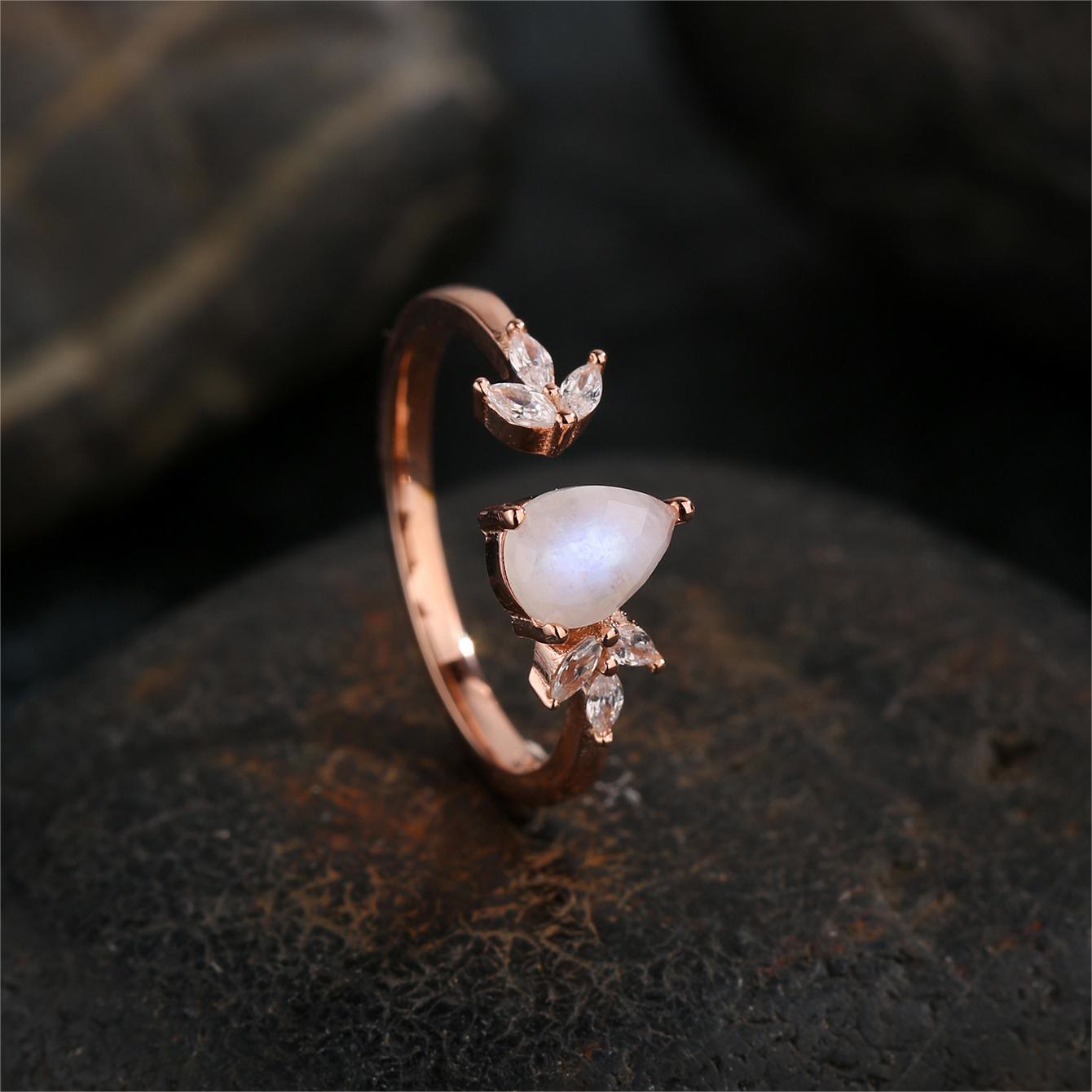 Olivenorma Faceted Moonstone White Zircon Leaf Adjustable Ring