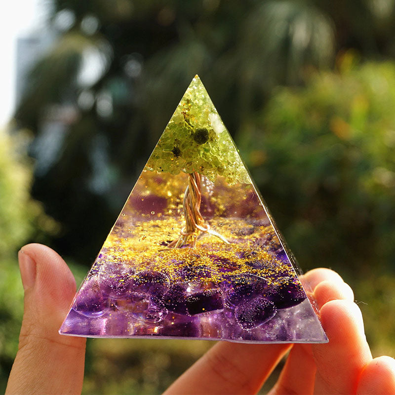 Olivenorma Peridot With Amethyst Tree Of Life Orgone Pyramid