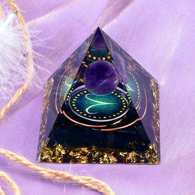 Olivenorma Amethyst Sphere with Obsidian Zodiac Virgo Orgone Pyramid