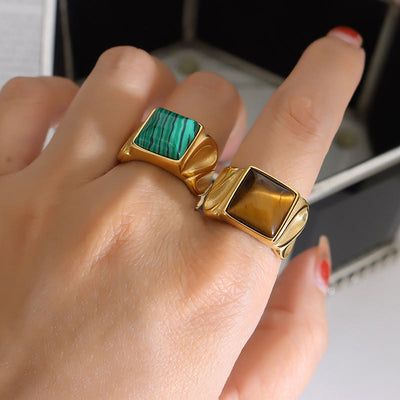 Olivenorma Square Malachite Tiger Eye Gold Silver Titanium Ring