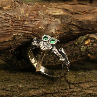 Olivenorma Emerald Owl On The Branch Silver Engagement Ring