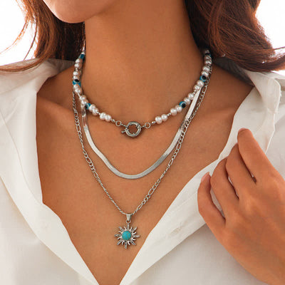 Olivenorma Turquoise Freshwater Pearl Evil Eye Necklace Set