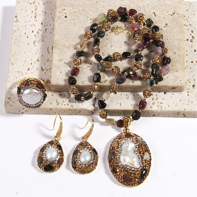 Olivenorma Morganite Tourmaline Freshwater Pearl Jewelry Set