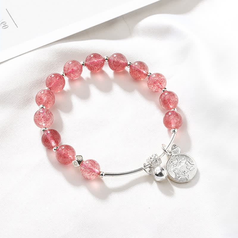 Olivenorma Strawberry Quartz Beaded Cat Bell Pendant Bracelet