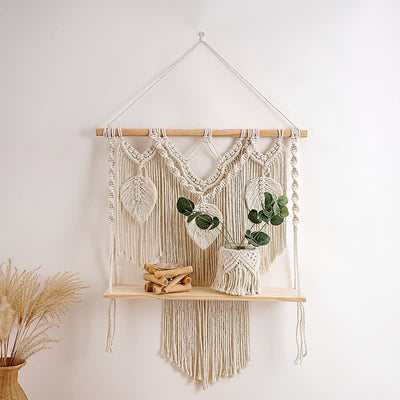 Olivenorma Boho Woven Tapestry Wood Shelf Wall Decor