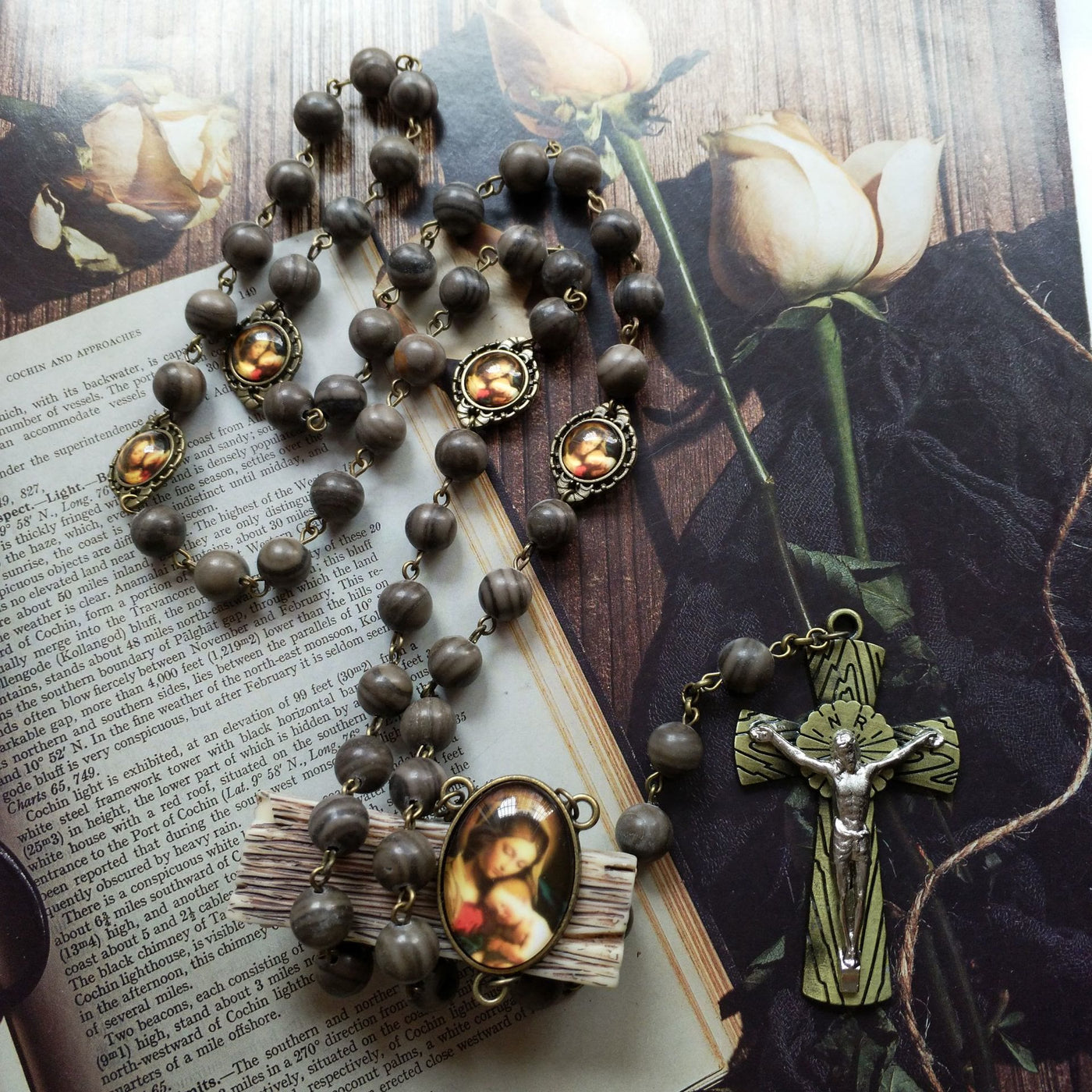 Olivenorma Black Wood Grain Rosary Holy Medal Cross Necklace