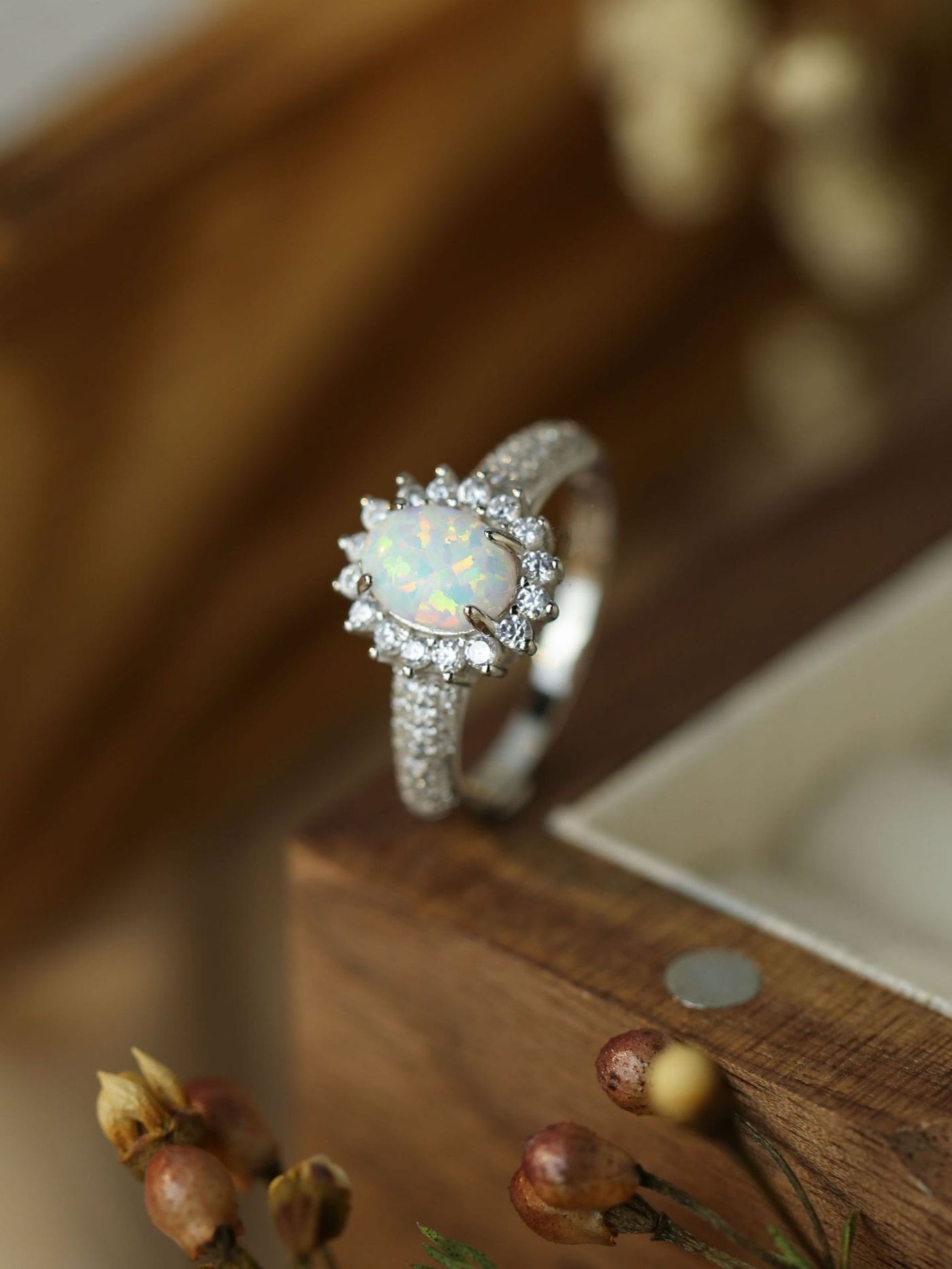 Olivenorma Opal White Zircon Flower Ring