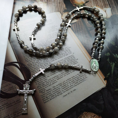 Olivenorma Gray Acrylic Ball Beaded Cross Rosary Necklace