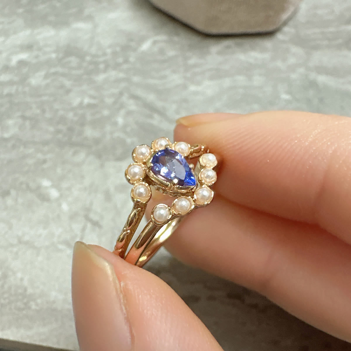 Olivenorma S925 Sapphire Pearl Teardrop Double Layer Ring