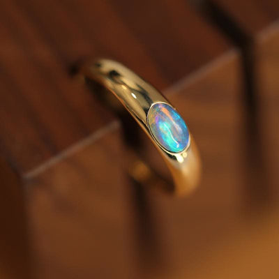 Olivenorma Oval Blue Opal Simple Retro Golden Ring