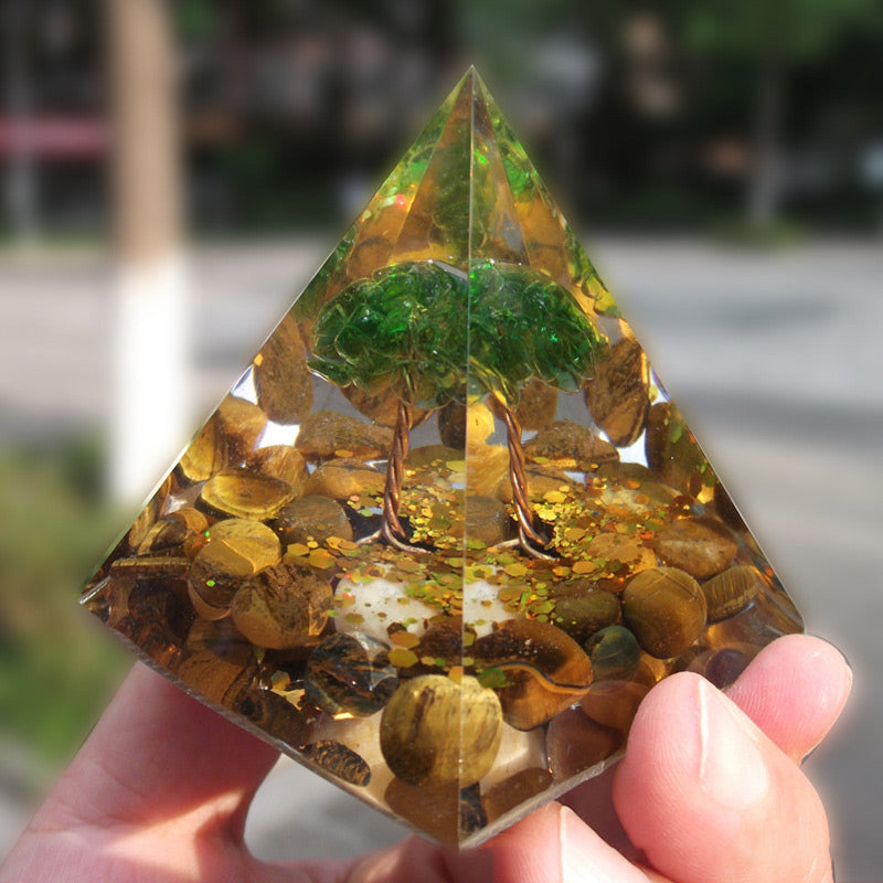 Olivenorma Tiger Eye with Peridot Tree Of Life Healing Orgone Pyramid