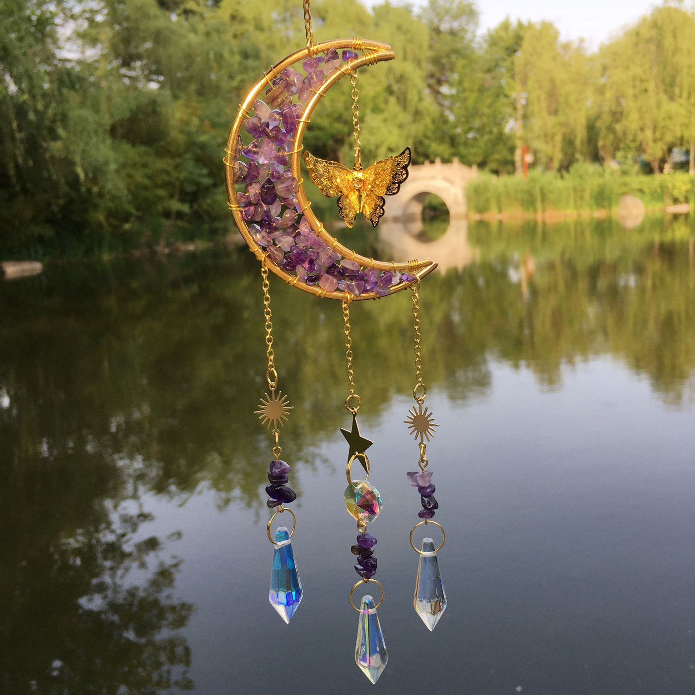 Olivenorma Natural Crystal Gravel Moon Butterfly Wind Chime