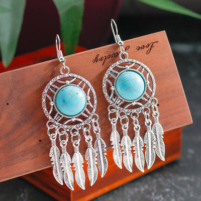 Olivenorma Turquoise Silver Feather Tassel Earrings