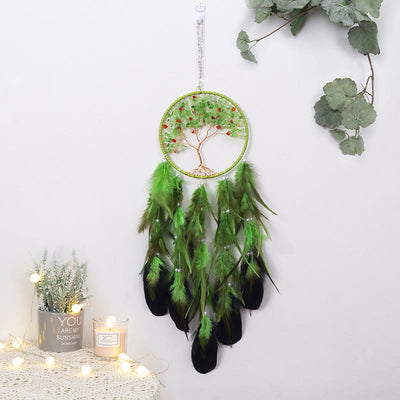 Olivenorma Crystal Tree of Life Pink Feather Dream Catcher