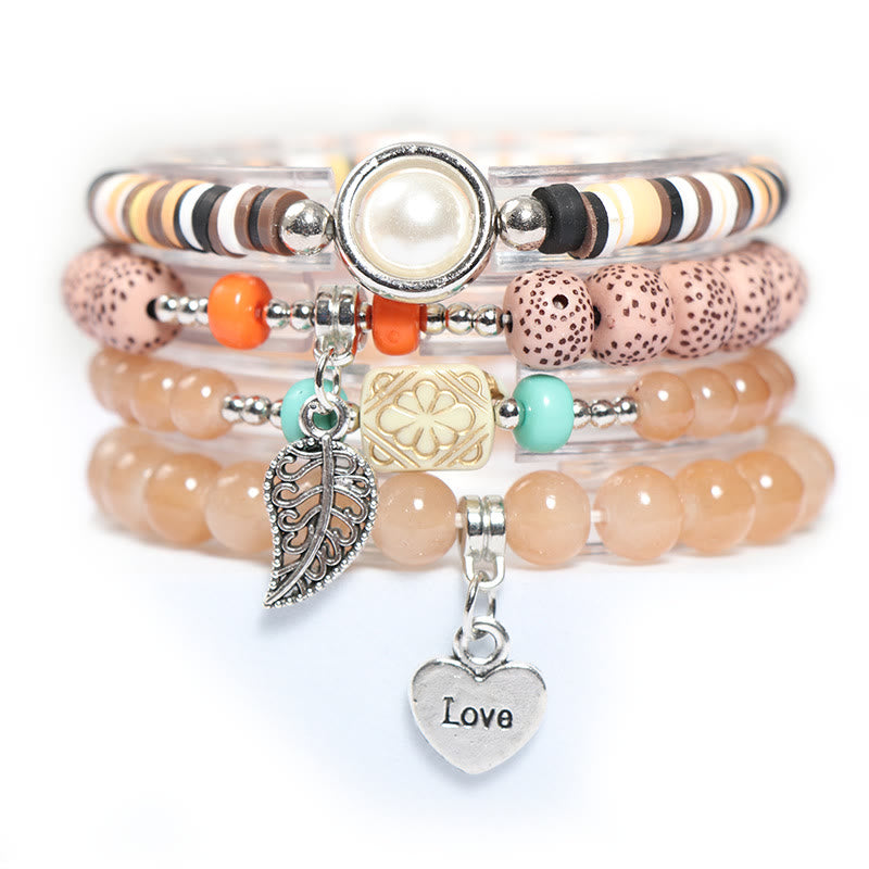 Olivenorma Leaf Heart Charm Beaded Pearl Bracelet Set