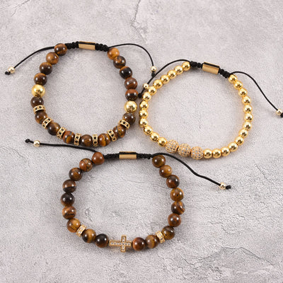 Olivenorma 3Pcs/Set Tiger Eye Stone Beaded Men Cross Bracelet