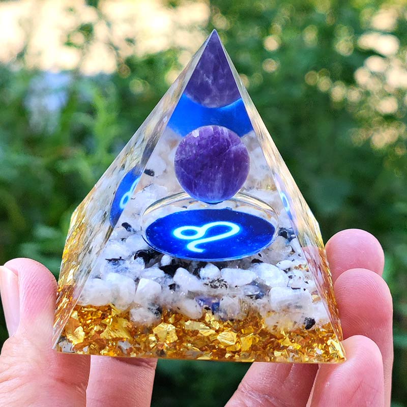 Olivenorma Amethyst with Clear Quartz Leo Zodiac Orgone Pyramid