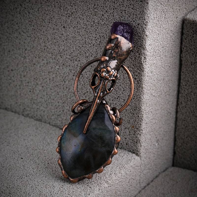 Olivenorma Copper Hummingbird Head Amethyst Labradorite Gemstone Necklace