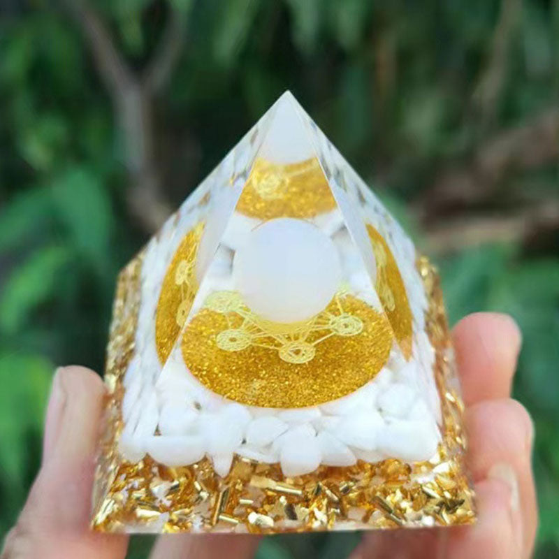 (Clearance 30% OFF / CODE: OFF30) - White Agate Clear Quartz Metatron's Cube Symbol Orgone Pyramid