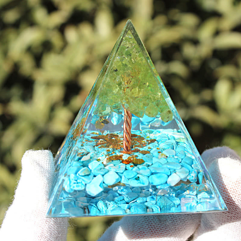 Olivenorma Peridot Amazonite Tree of Life Orgone Pyramid