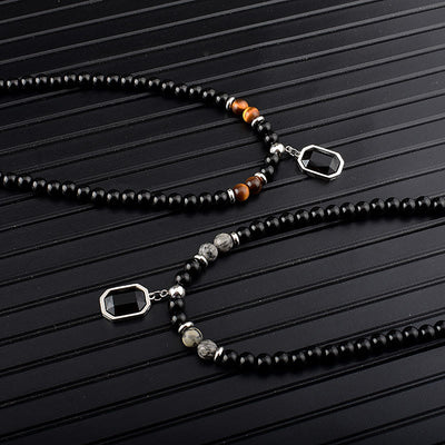 Olivenorma Tiger Eye Obsidian Beaded Men Titanium Steel Necklace