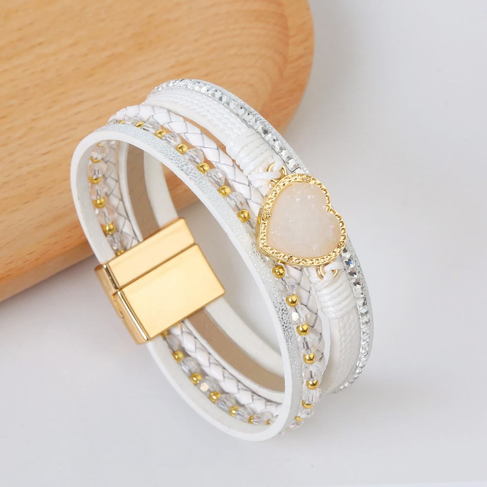 Olivenorma Heart Shape Cluster Multilayer Braided Leather Bracelet